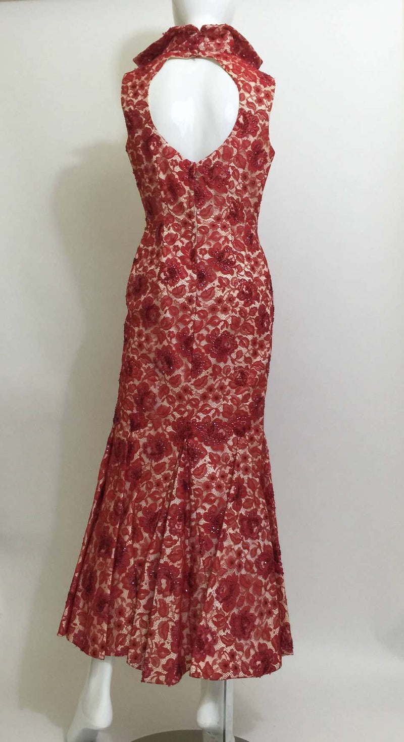 1960s Hourglass Mermaid Red Lace Cut Out Back Dress