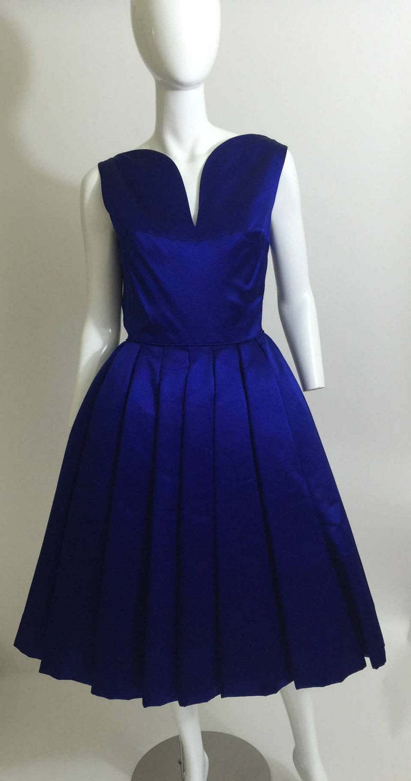 1950's Whitney for Bonwit Teller Royal Blue Silk Satin Full Skirt Party Dress