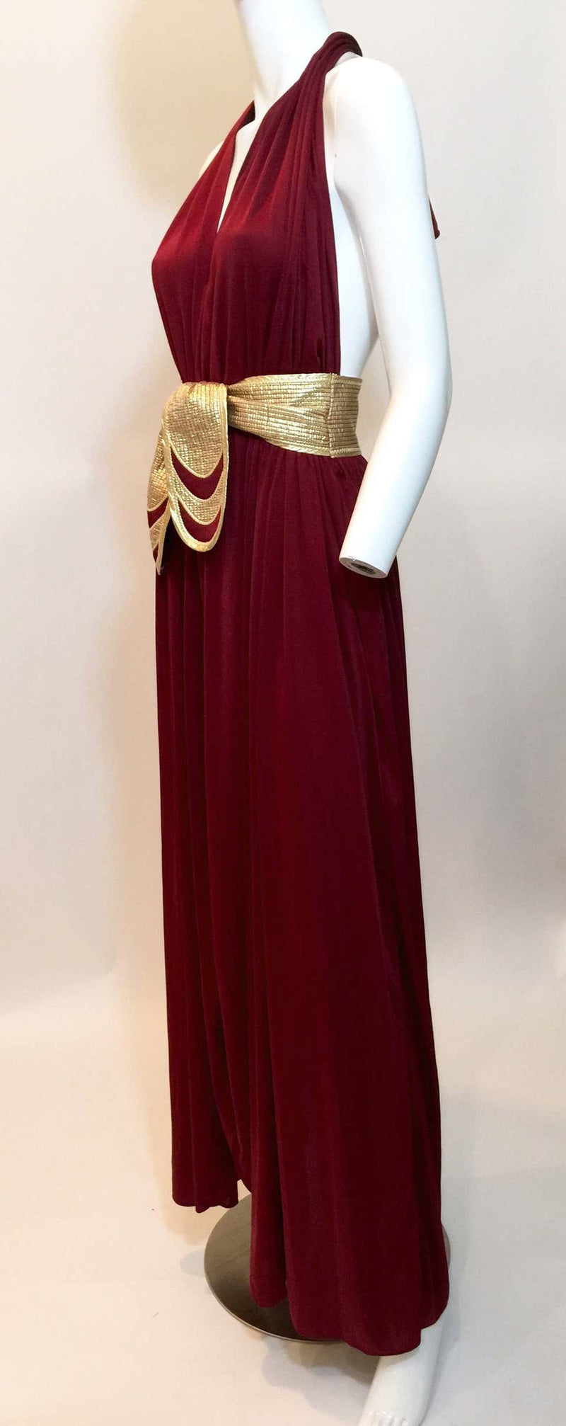 1970s Bill Tice Merlot & Gold Open Back Dress