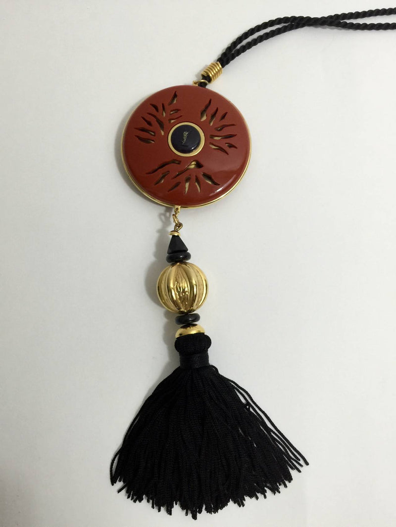 Yves Saint Laurent Vintage Opium Pendant & Gold Bead Black Tassel Necklace