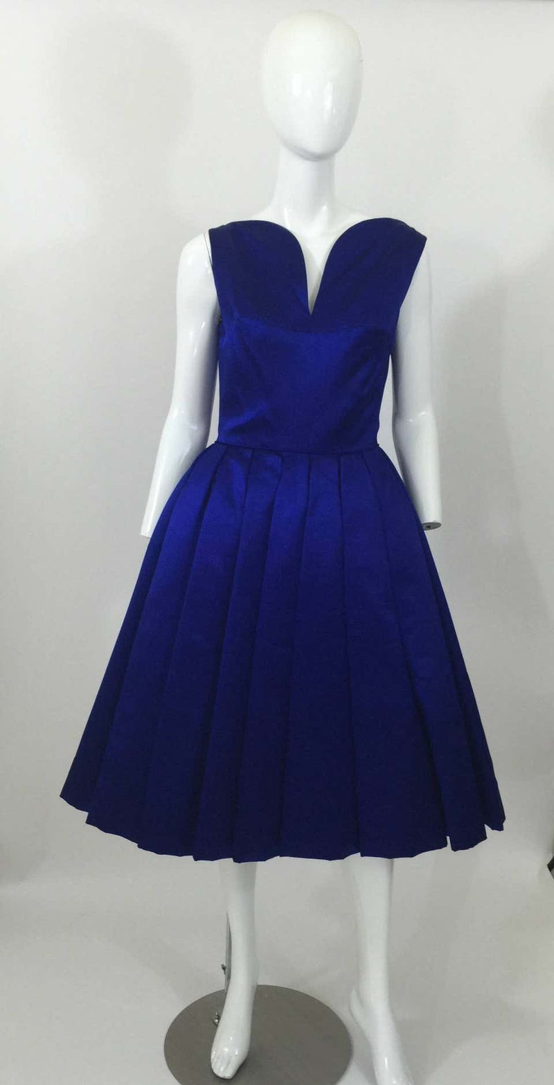 1950's Whitney for Bonwit Teller Royal Blue Silk Satin Full Skirt Party Dress