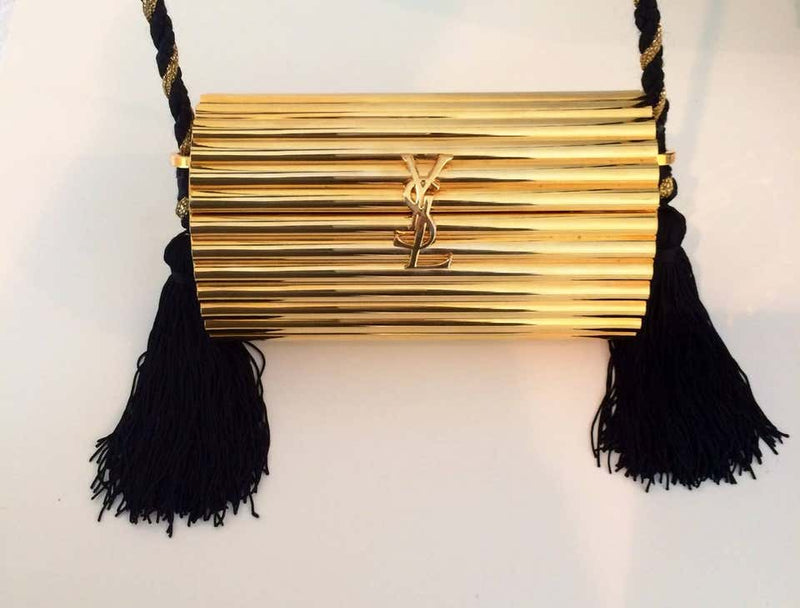 YSL Vintage Gold Metal Black Tassel Evening Bag / Clutch 1980s
