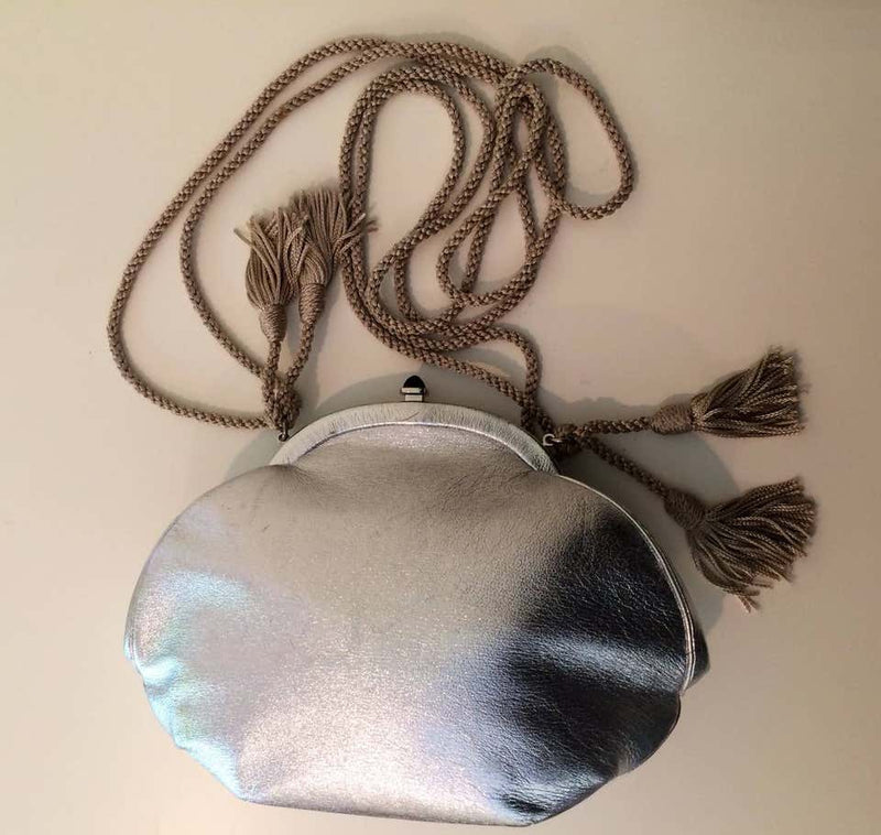 Vintage Judith Leiber Metallic Silver Leather Black Onyx Clasp Evening Bag