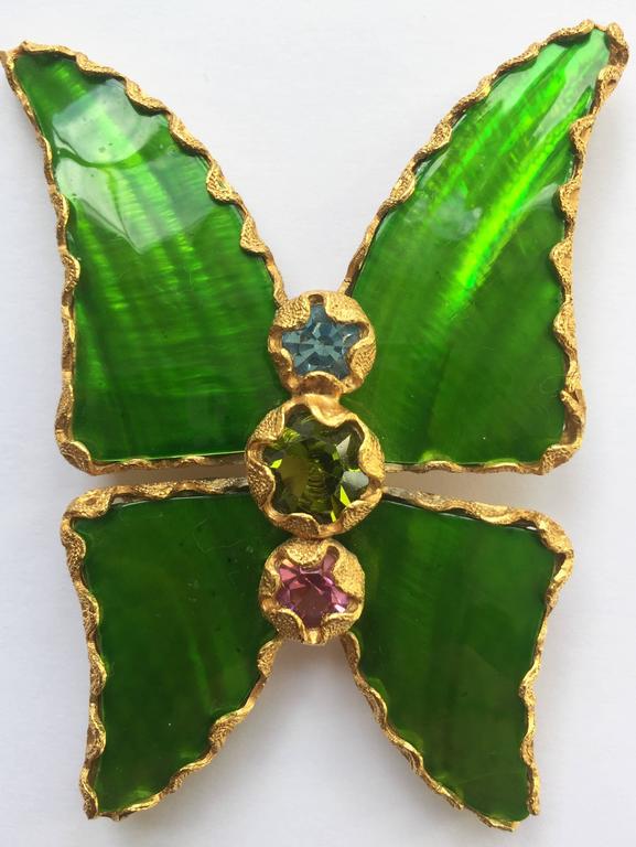Vintage Yves Saint Laurent Green Enamel and Gold Butterfly Pin YSL