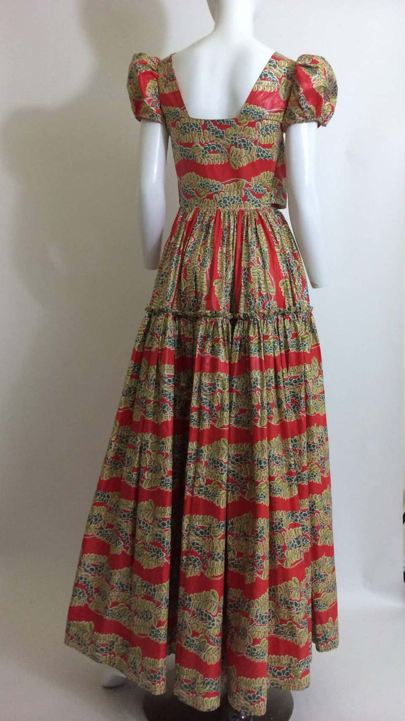 1940s Polished Cotton Floral Print Short Puff Sleeve Maxi Dress