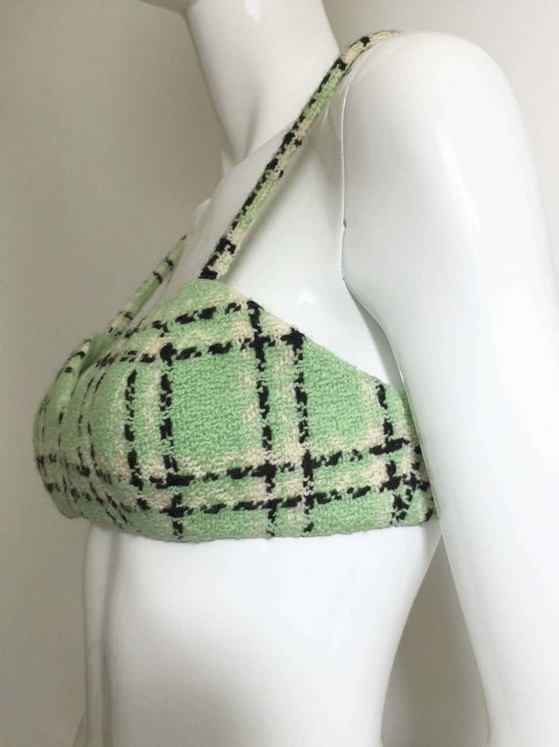 1994 Chanel S/S Runway Pastel Green Plaid Boucle Bralette Top w/ Tags Documented