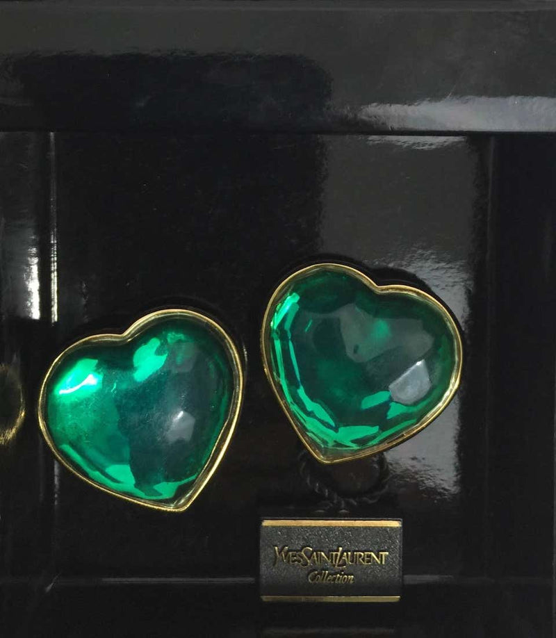 Vintage Yves Saint Laurent Runway Green Heart Earrings YSL