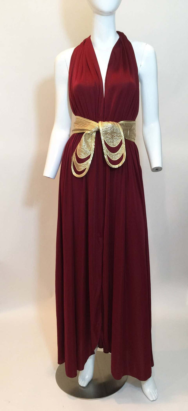 1970s Bill Tice Merlot & Gold Open Back Dress