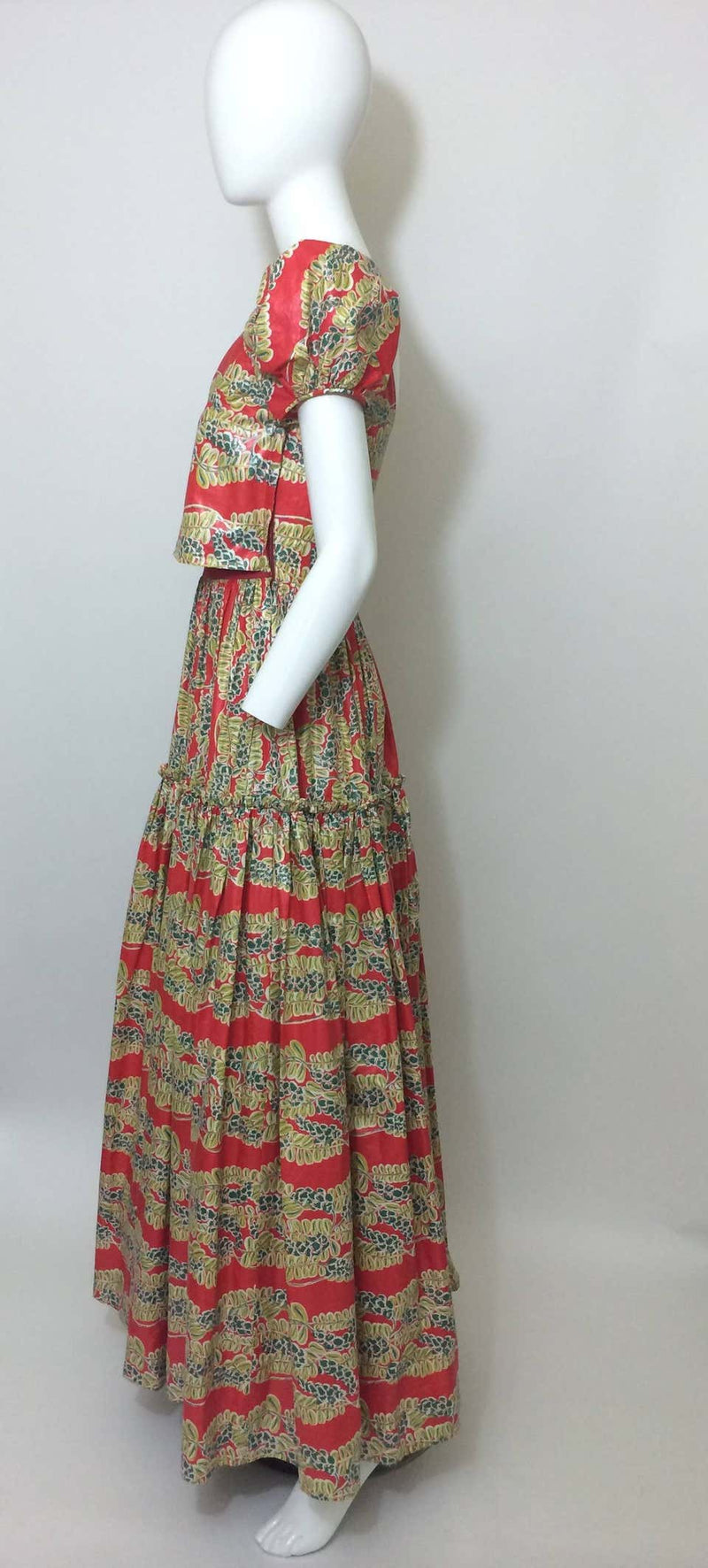 1940s Polished Cotton Floral Print Short Puff Sleeve Maxi Dress