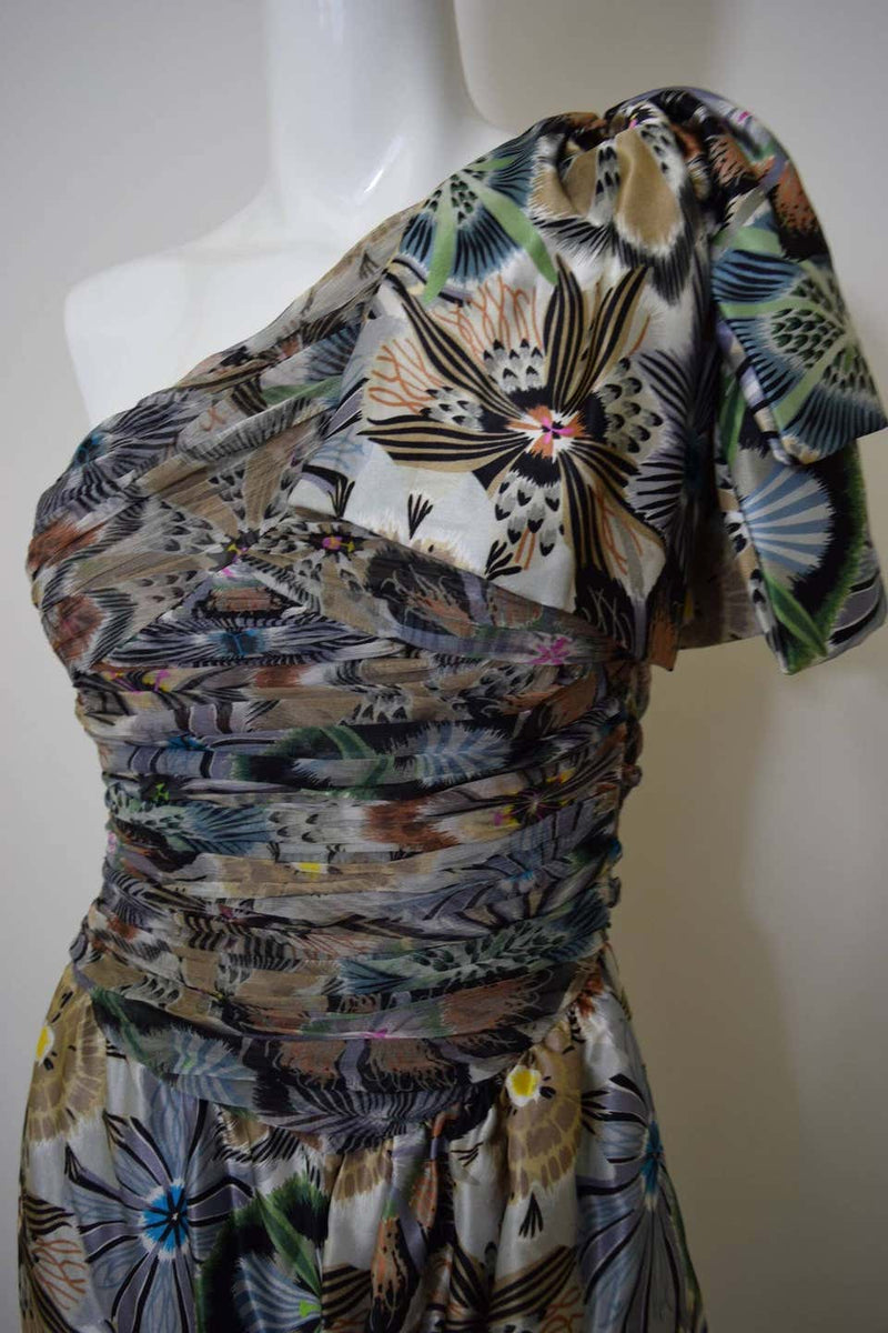 Missoni Floral Print Silk Ruched Bodice Dress with Bow Shoulder Detail