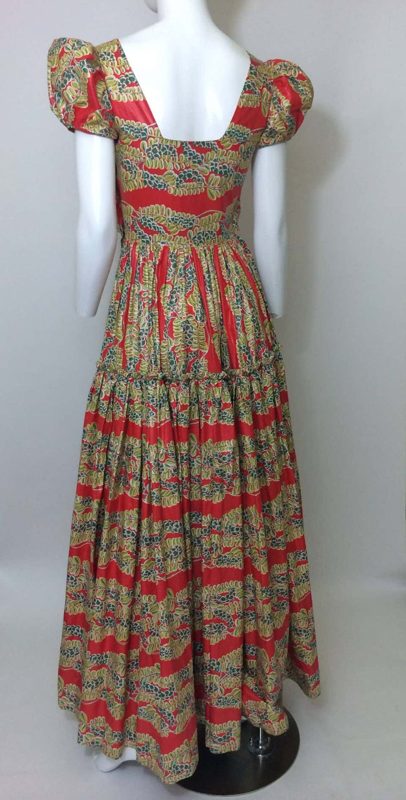 1940s Polished Cotton Floral Print Short Puff Sleeve Maxi Dress