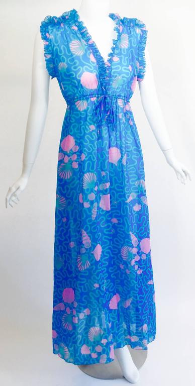 1970s Zandra Rhodes Blue and Pink Seashell Print Sleeveless Caftan Dress