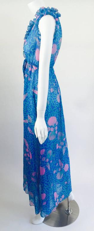 1970s Zandra Rhodes Blue and Pink Seashell Print Sleeveless Caftan Dress