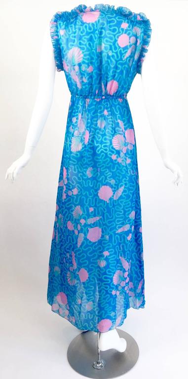 1970s Zandra Rhodes Blue and Pink Seashell Print Sleeveless Caftan Dress
