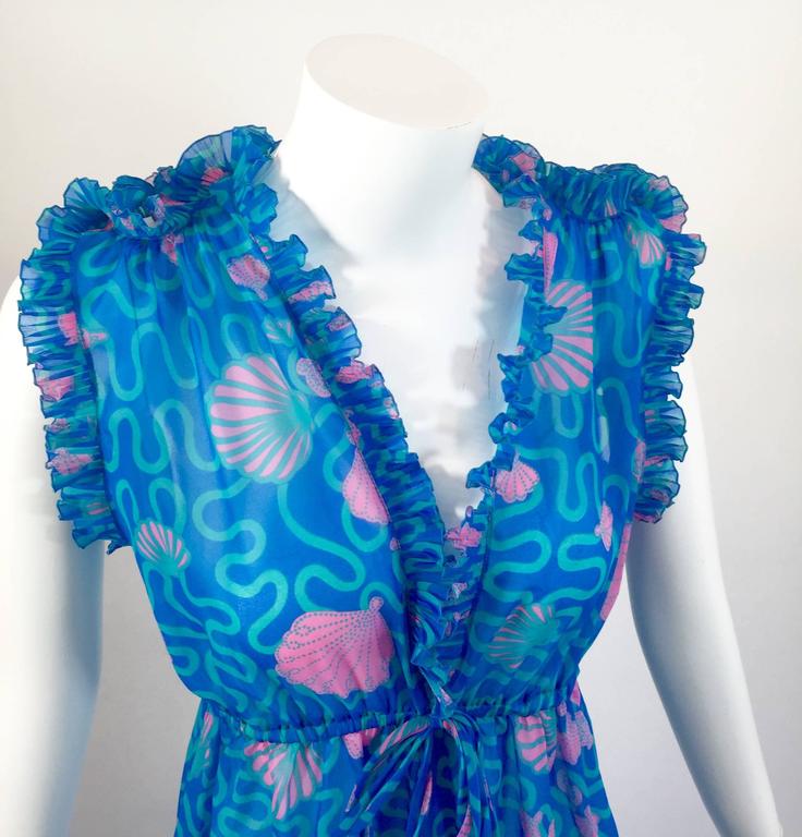 1970s Zandra Rhodes Blue and Pink Seashell Print Sleeveless Caftan Dress