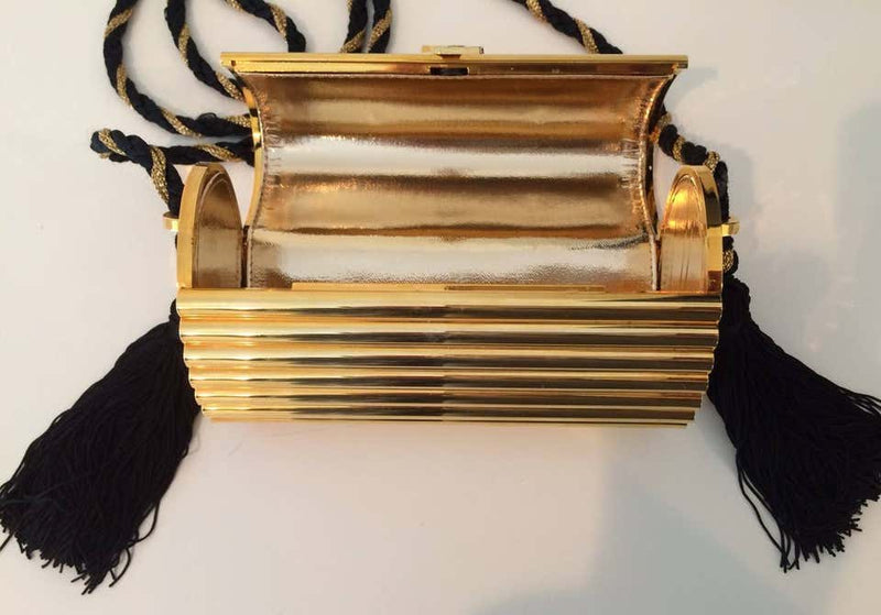 YSL Vintage Gold Metal Black Tassel Evening Bag / Clutch 1980s – Basha Gold