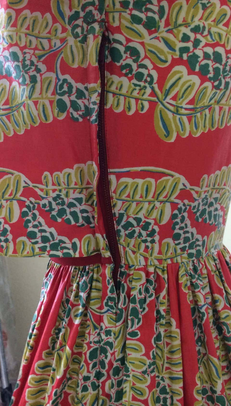 1940s Polished Cotton Floral Print Short Puff Sleeve Maxi Dress