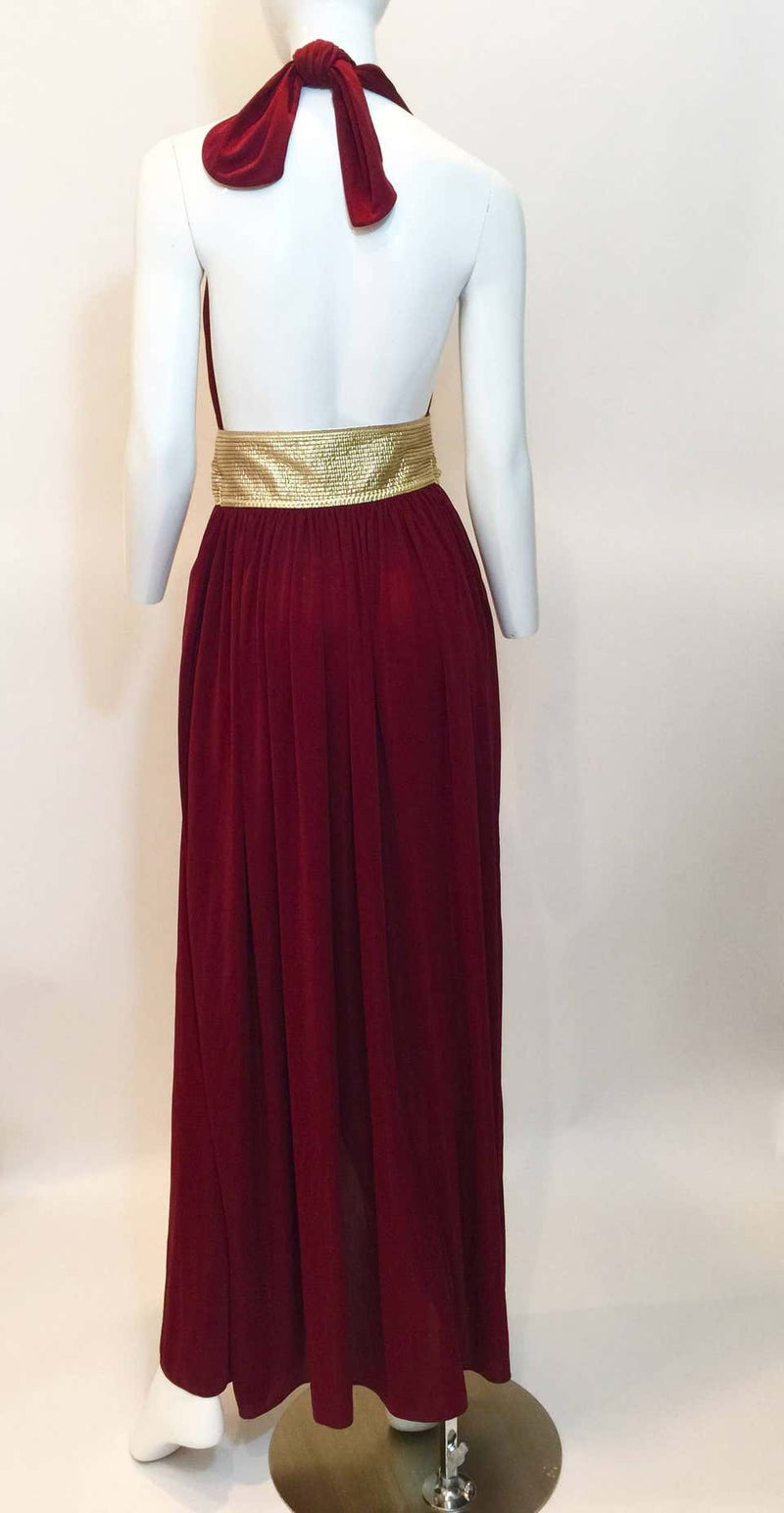 1970s Bill Tice Merlot & Gold Open Back Dress