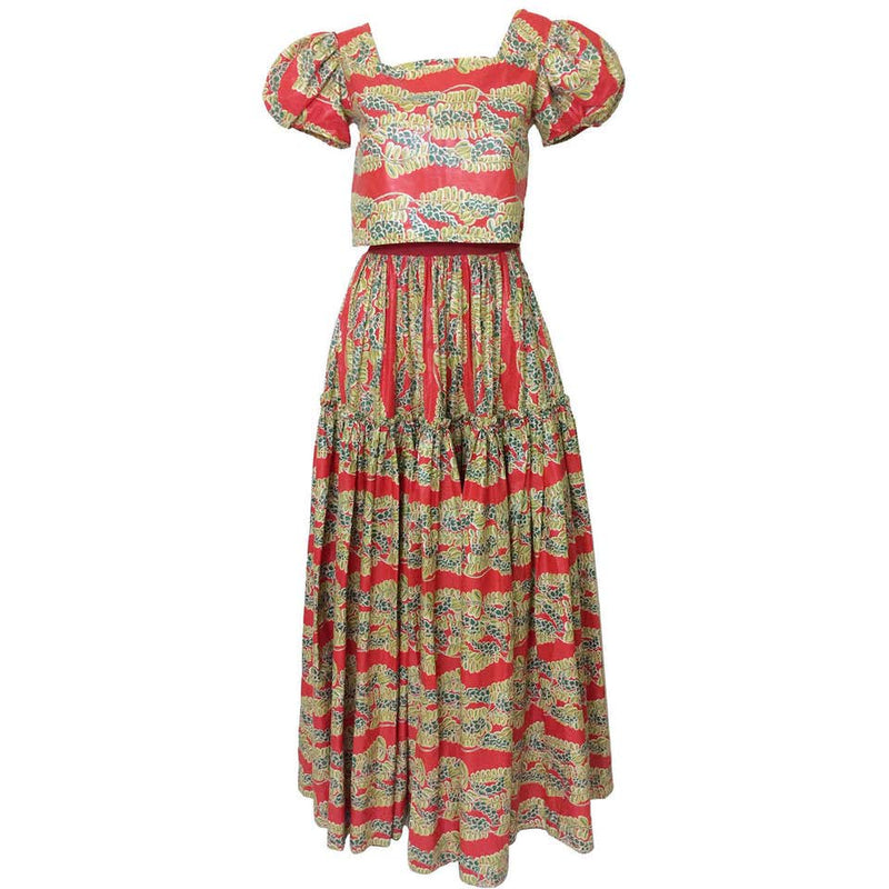 1940s Polished Cotton Floral Print Short Puff Sleeve Maxi Dress
