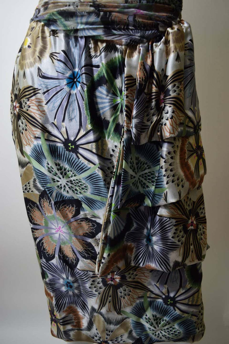 Missoni Floral Print Silk Ruched Bodice Dress with Bow Shoulder Detail