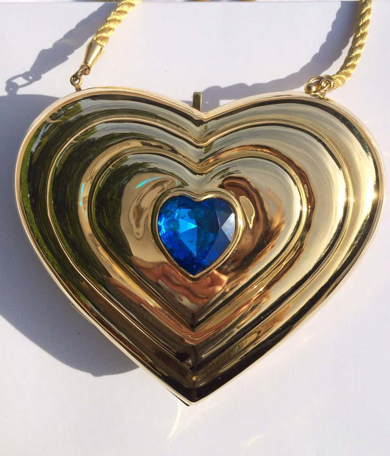 YSL / Yves Saint Laurent Heart Shaped Gold & Sapphire Crystal Minaudiere Bag