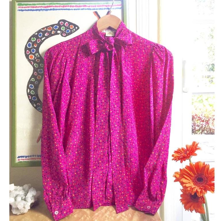 1970s Yves Saint Laurent Pink Confetti Print Silk Bow Tie Blouse YSL