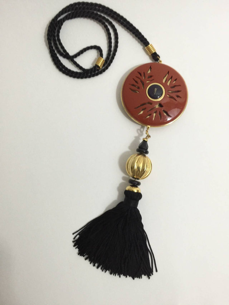Yves Saint Laurent Vintage Opium Pendant & Gold Bead Black Tassel Necklace