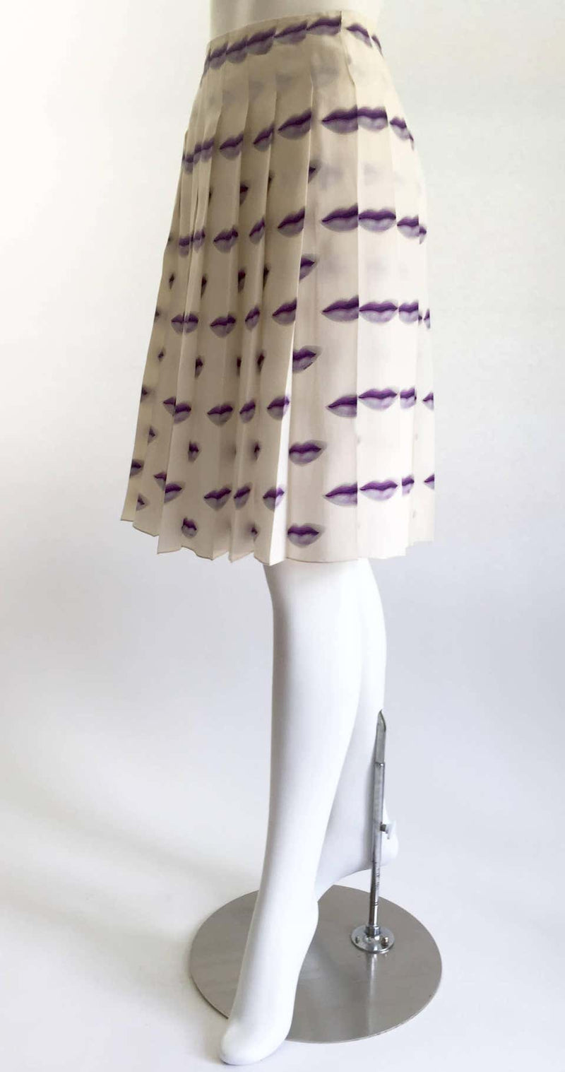 Spring 2000 Prada Purple Lip Print Pleated Silk Skirt