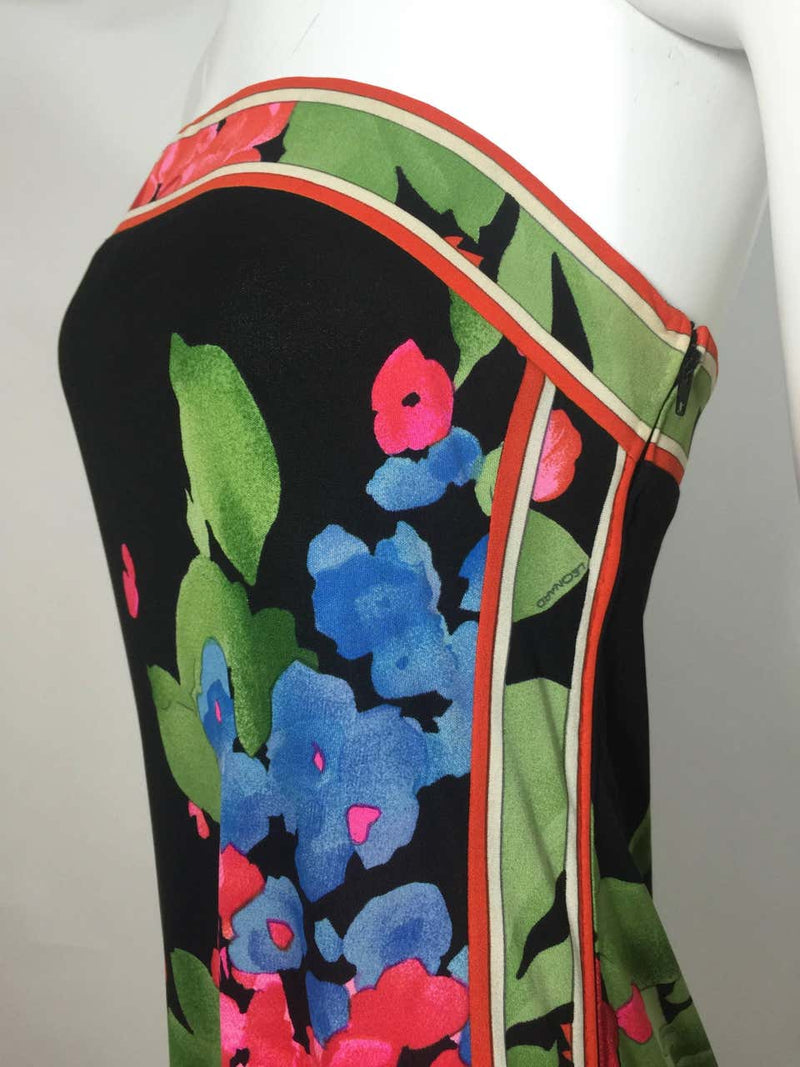 1970s Leonard Paris Strapless Floral Silk Jersey Tube Dress With Attached Shawl