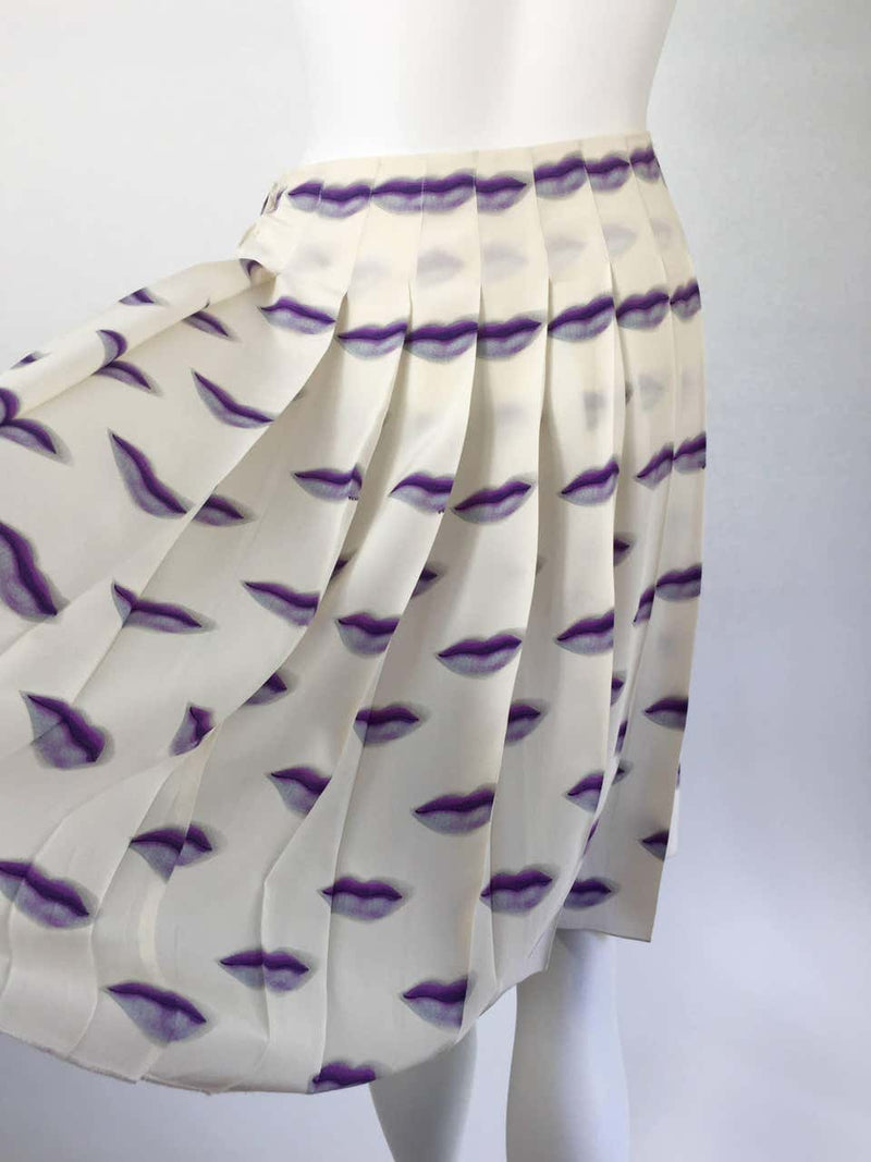 Spring 2000 Prada Purple Lip Print Pleated Silk Skirt