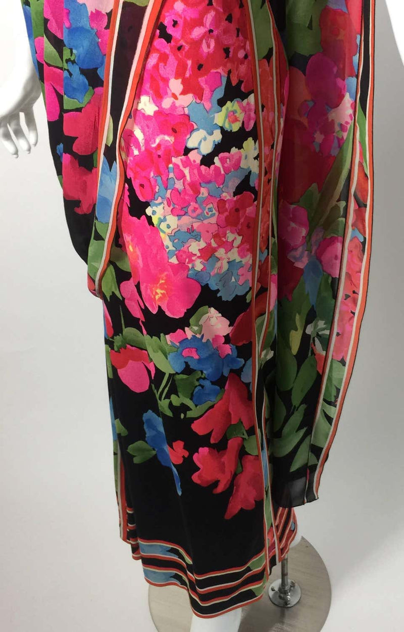 1970s Leonard Paris Strapless Floral Silk Jersey Tube Dress With Attached Shawl