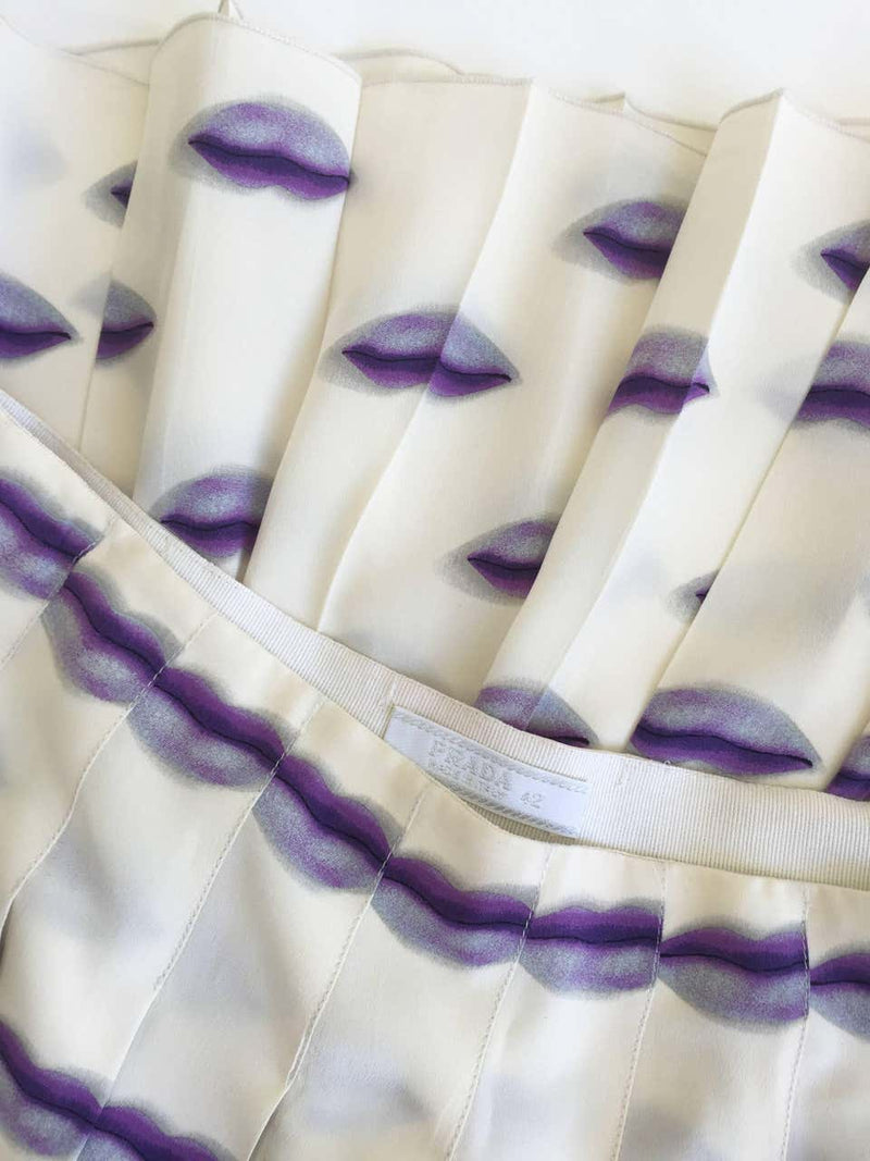 Spring 2000 Prada Purple Lip Print Pleated Silk Skirt