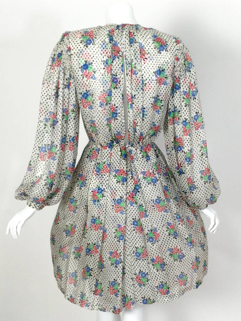 Galanos Floral Dot print Billow Sleeve Cut-Out Dress, 1970s