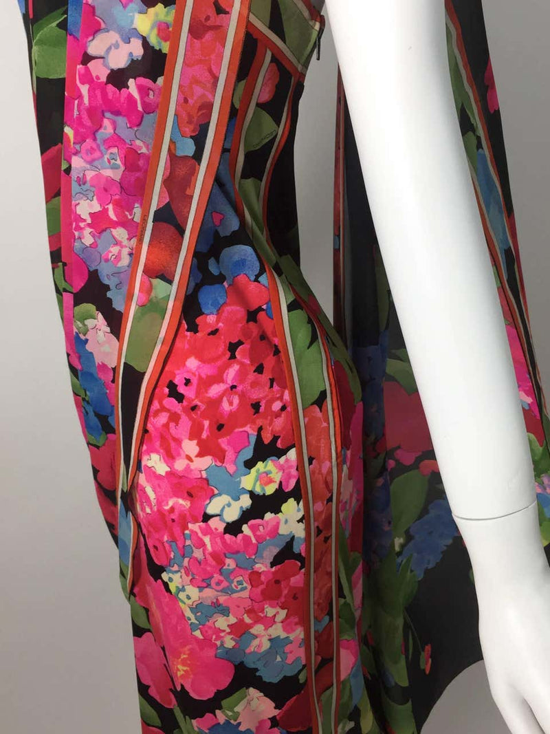 1970s Leonard Paris Strapless Floral Silk Jersey Tube Dress With Attached Shawl