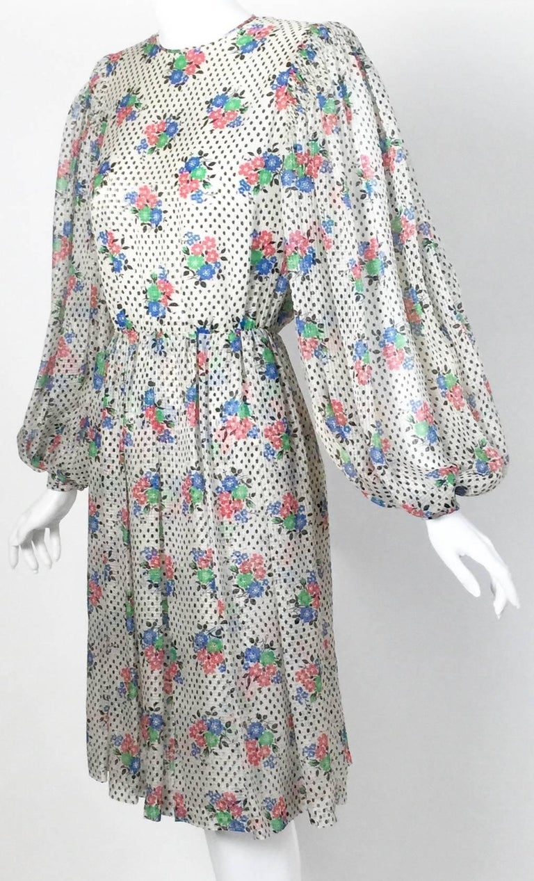 Galanos Floral Dot print Billow Sleeve Cut-Out Silk Cocktail Dress, 1970s