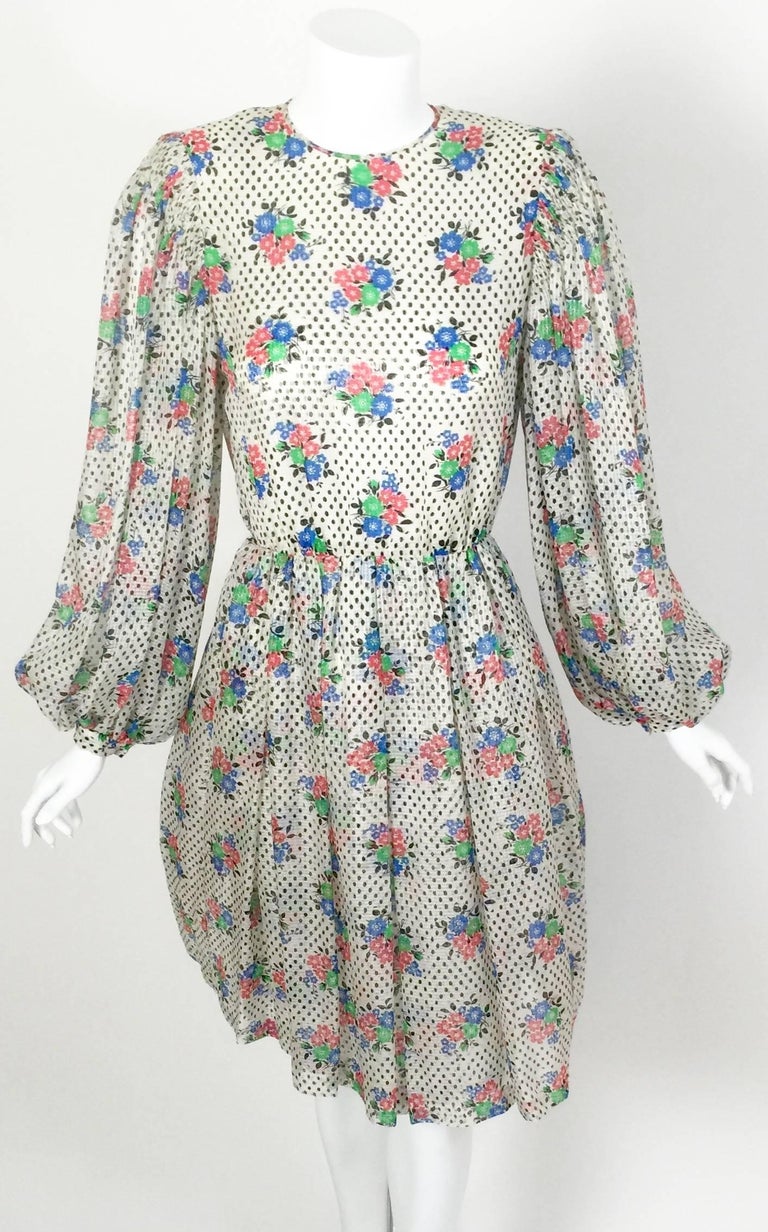 Galanos Floral Dot print Billow Sleeve Cut-Out Dress, 1970s