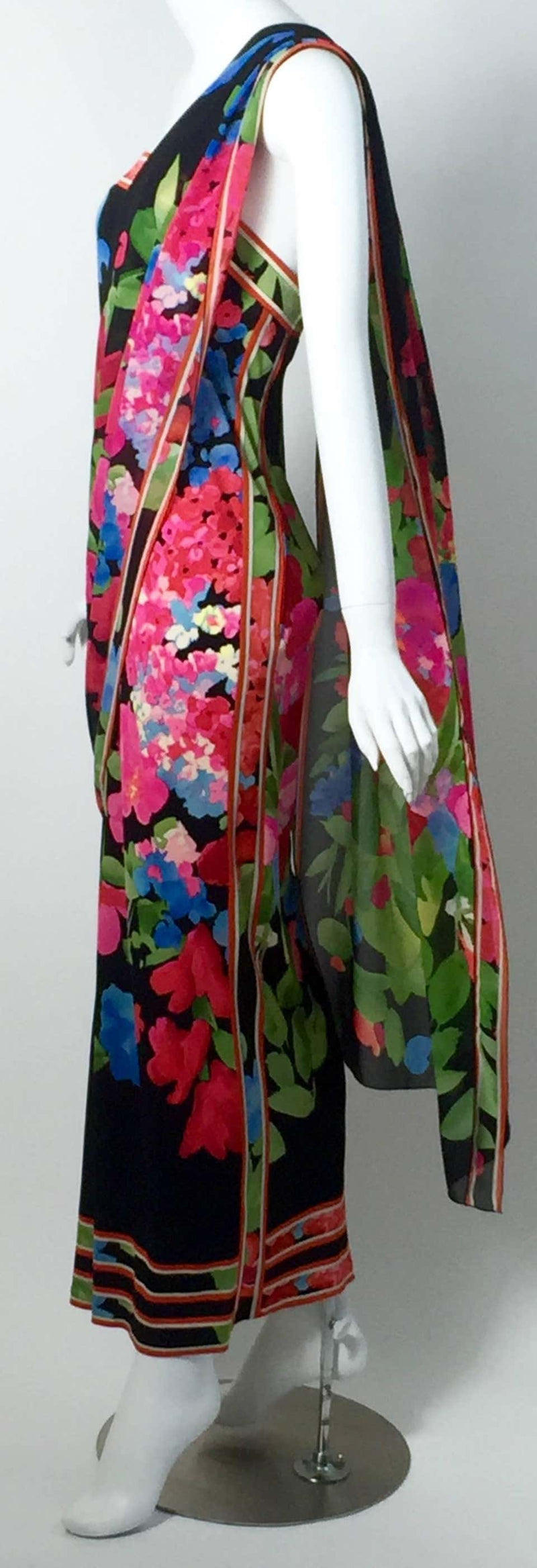 1970s Leonard Paris Strapless Floral Silk Jersey Tube Dress With Attached Shawl