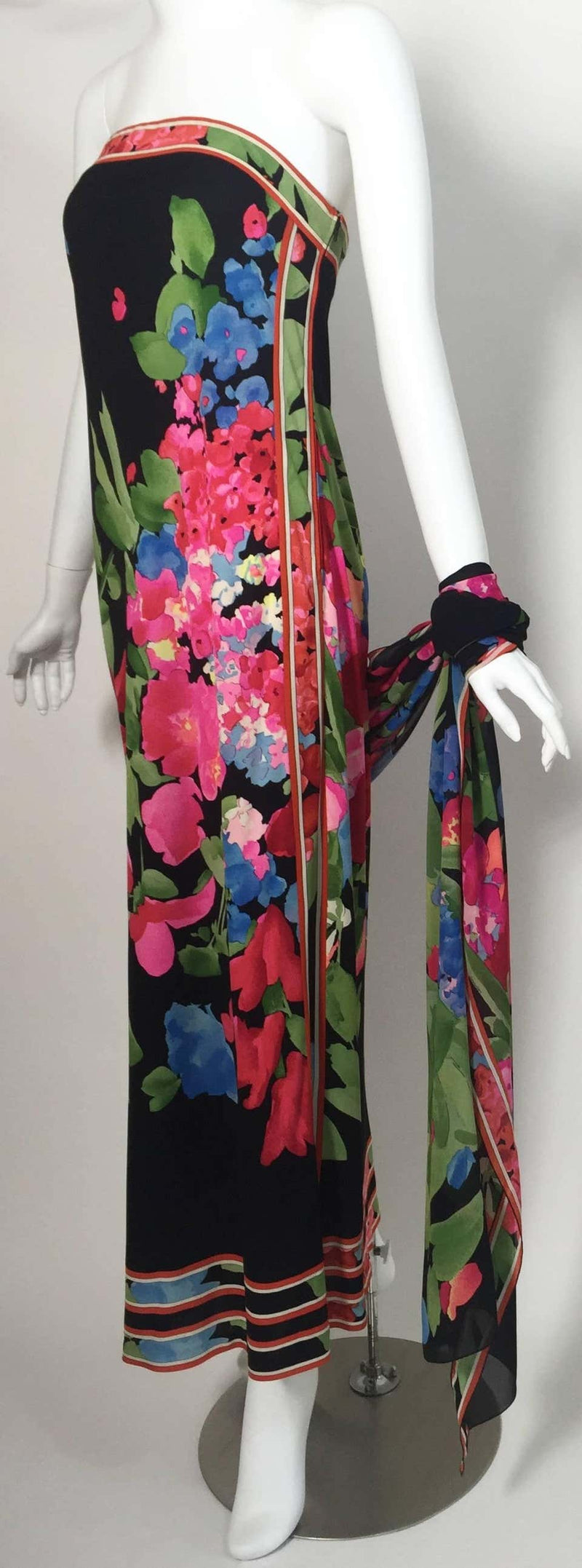 1970s Leonard Paris Strapless Floral Silk Jersey Tube Dress With Attached Shawl