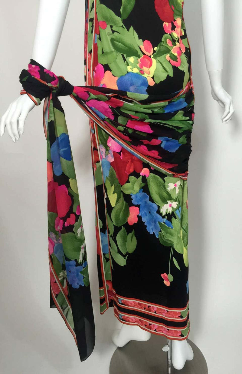 1970s Leonard Paris Strapless Floral Silk Jersey Tube Dress With Attached Shawl