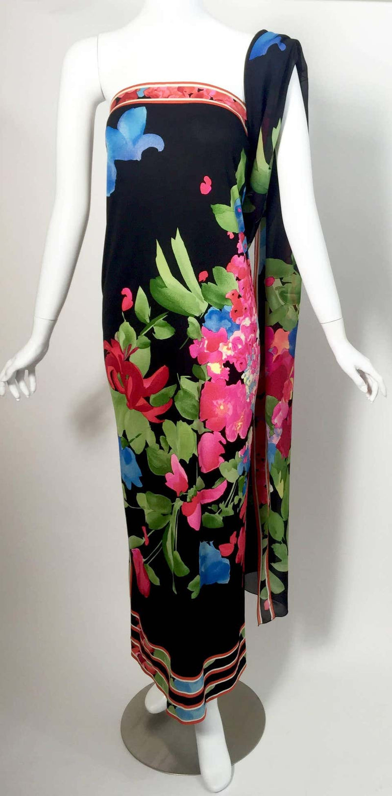1970s Leonard Paris Strapless Floral Silk Jersey Tube Dress With Attached Shawl