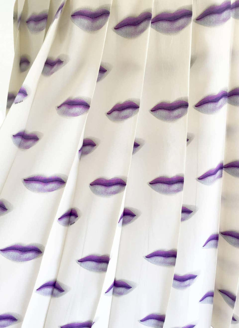 Spring 2000 Prada Purple Lip Print Pleated Silk Skirt