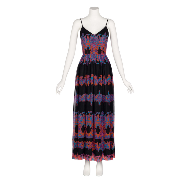Pauline Trigère Cotton Silk Voile Black Vivid Print Sleeveless Dress, 1970s