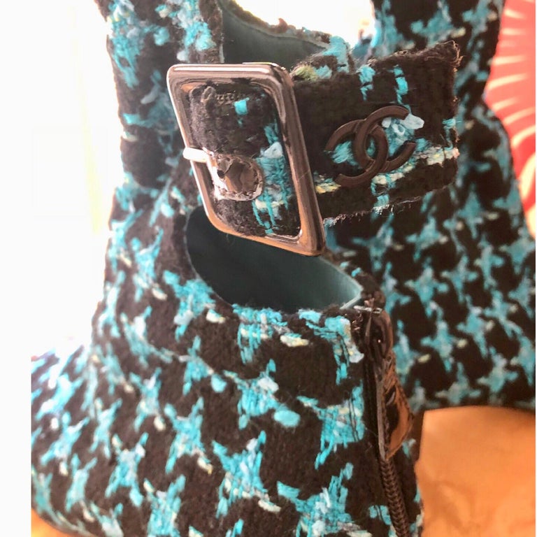 Chanel Boots Turquoise Tweed Black Patent Leather Buckle Runway Size 37, 2007