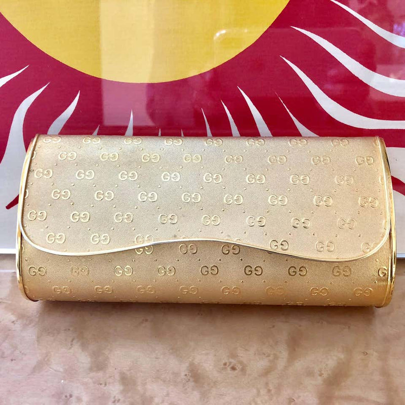Gucci Gold Metal Logo Hard Shell Clutch Minaudière Bag, 1970s