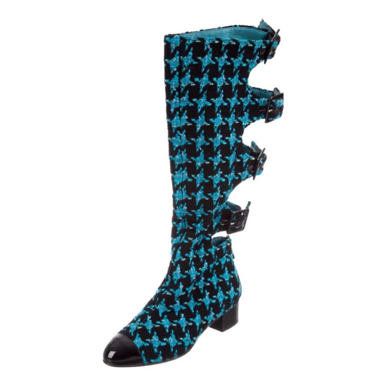 Chanel Boots Turquoise Tweed Black Patent Leather Buckle Runway Size 37, 2007