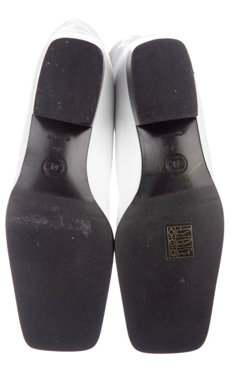 Chanel Winter 1998 Runway White Black Leather Square Toe Western Boots Size 5.5