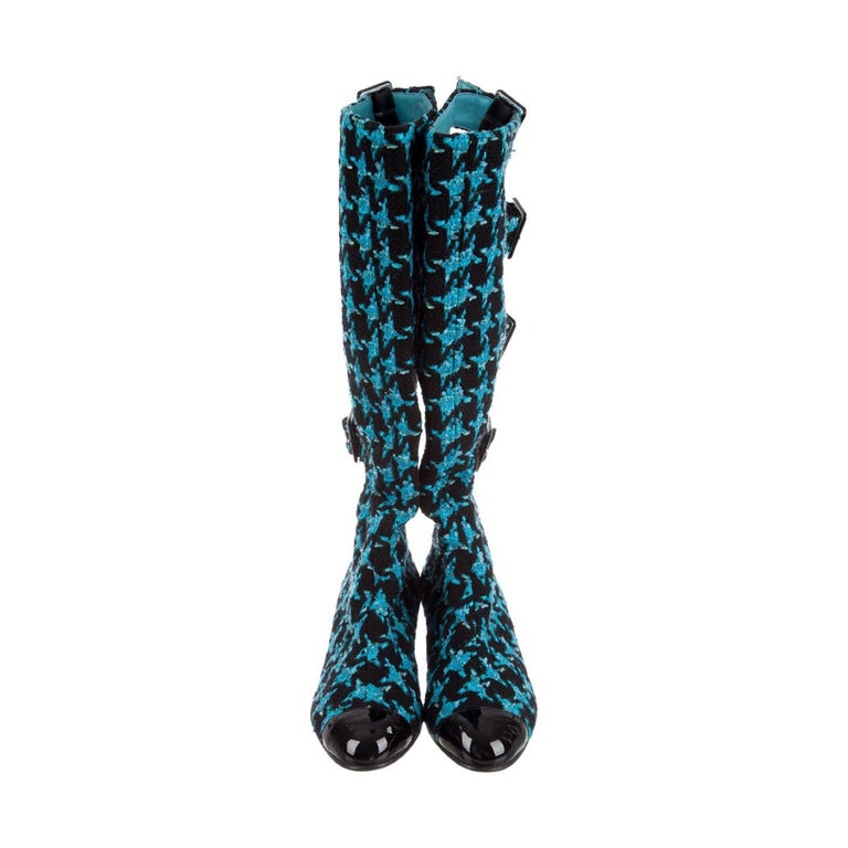 Chanel Boots Turquoise Tweed Black Patent Leather Buckle Runway Size 37, 2007