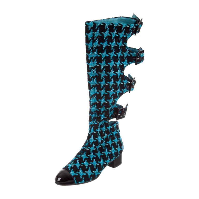 Chanel Boots Turquoise Tweed Black Patent Leather Buckle Runway Size 37, 2007