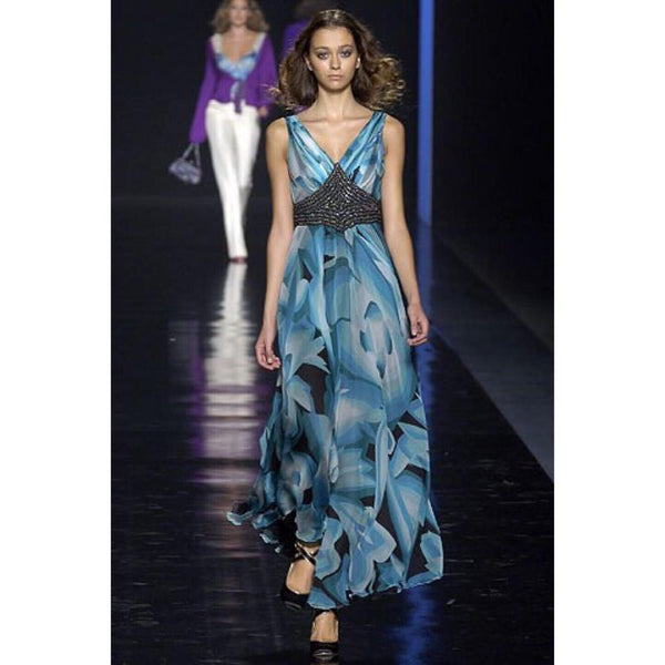Missoni Blue Printed Plunge Neck Sleeveless Silk Crystal Gown, 2006