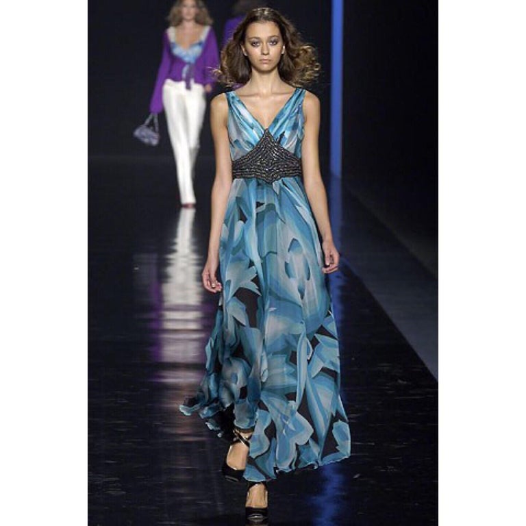 Missoni Blue Printed Plunge Neck Sleeveless Silk Crystal Gown, 2006